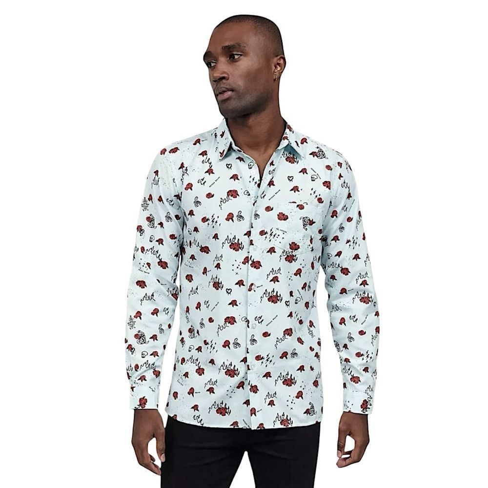 NWT Reason Brand Oxford Rose & Skull Print Button Down Shirt